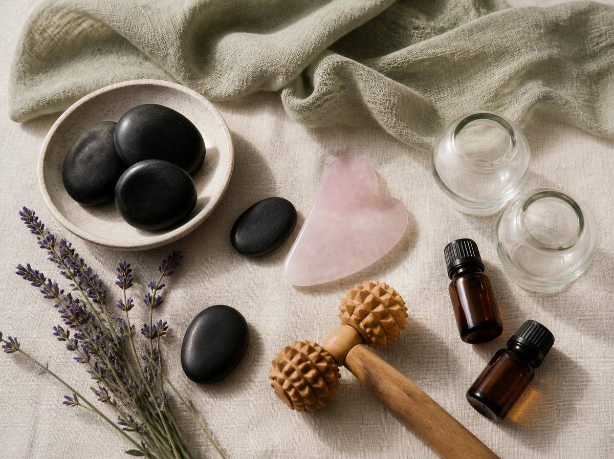 Hot stones, a gua sha tool, cupping cups, a wooden roller and essential oils on linen