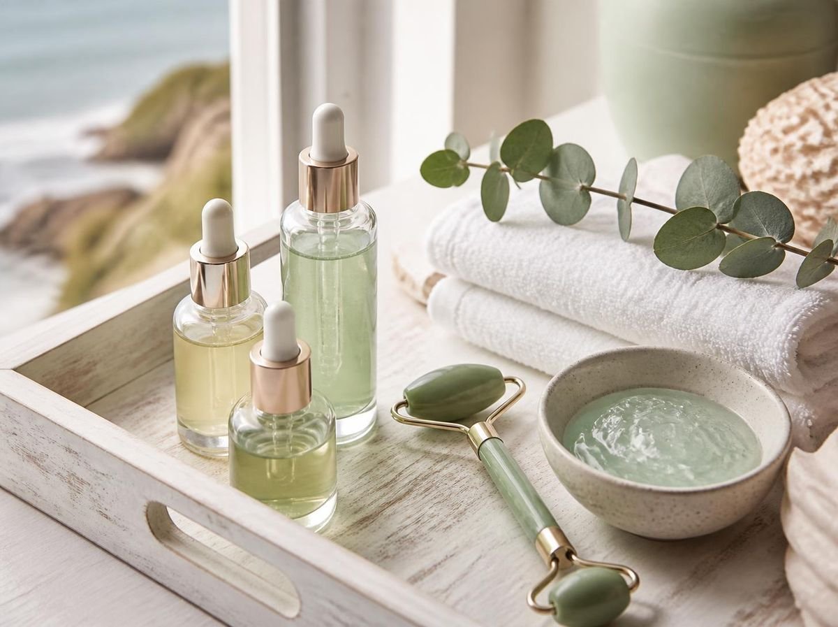 Facial serums, a jade roller and a green mask on a white tray by a window