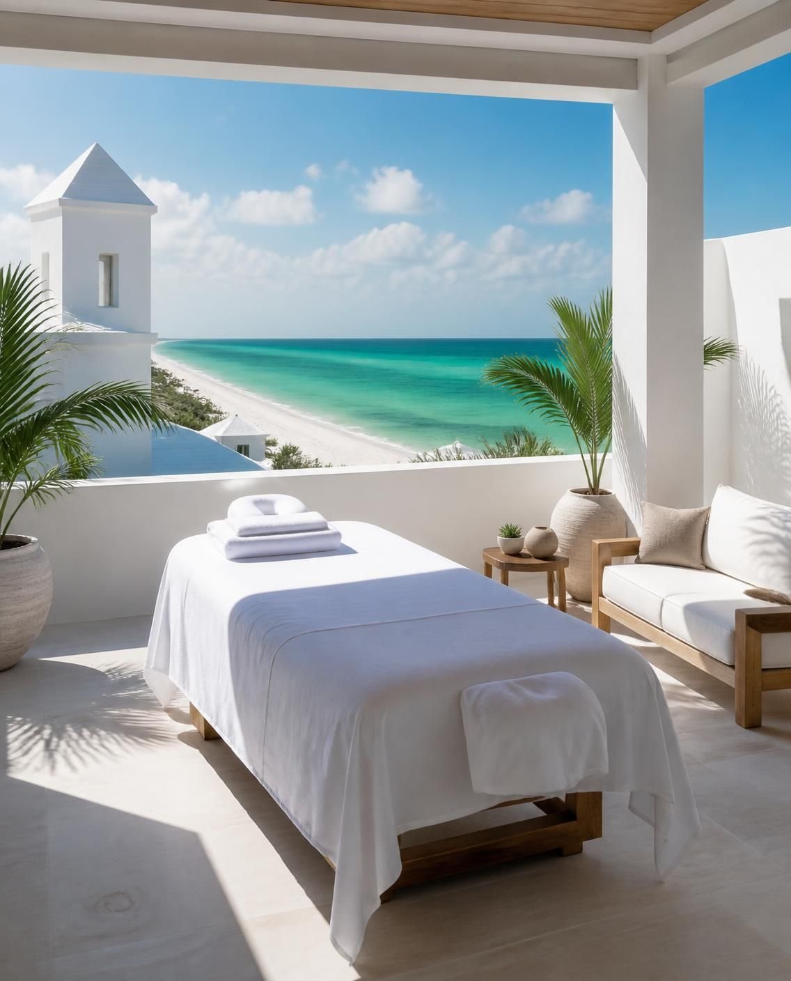 A massage table with white linens on a modern white-stucco rooftop terrace overlooking the emerald Gulf