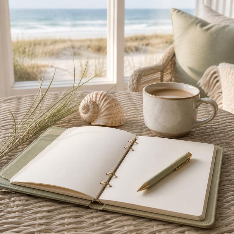 An open planner, coffee and a seashell on a rattan table by the beach