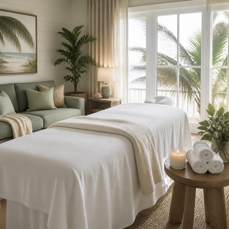 A massage table set up with fresh linens in a bright beach-house living room